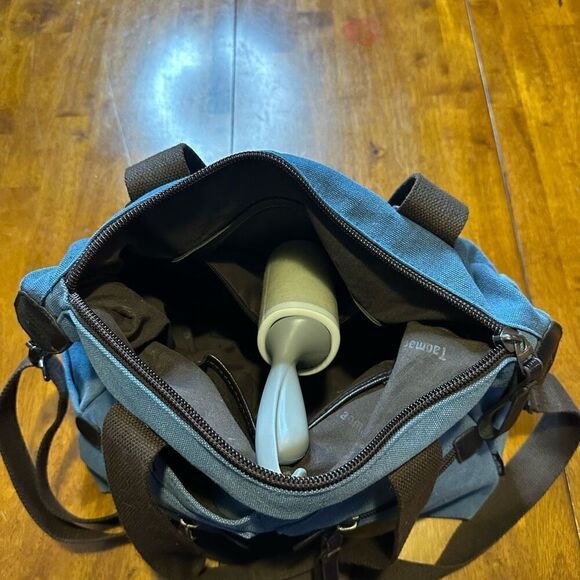 TaoMaoMao Blue Canvas Shoulder Bag Tote Brown Straps Trim Work Travel Bag 15x12” - Picture 7 of 11